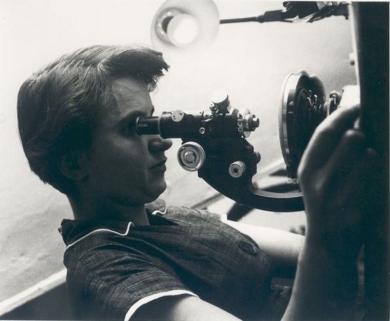 Rosalind Franklin with microscope